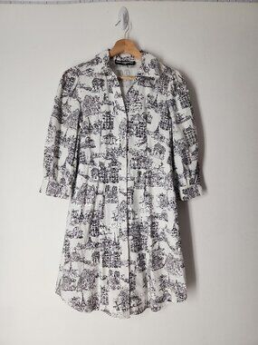 Karl Lagerfeld Paris black white landmark-print cotton shirt dress w/ pockets 4